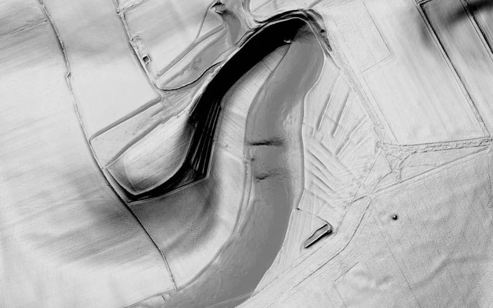 LiDAR terrain shading of Milton Hill in Wiltshire: a curving dry valley with banks of an ancient field system on its slopes.