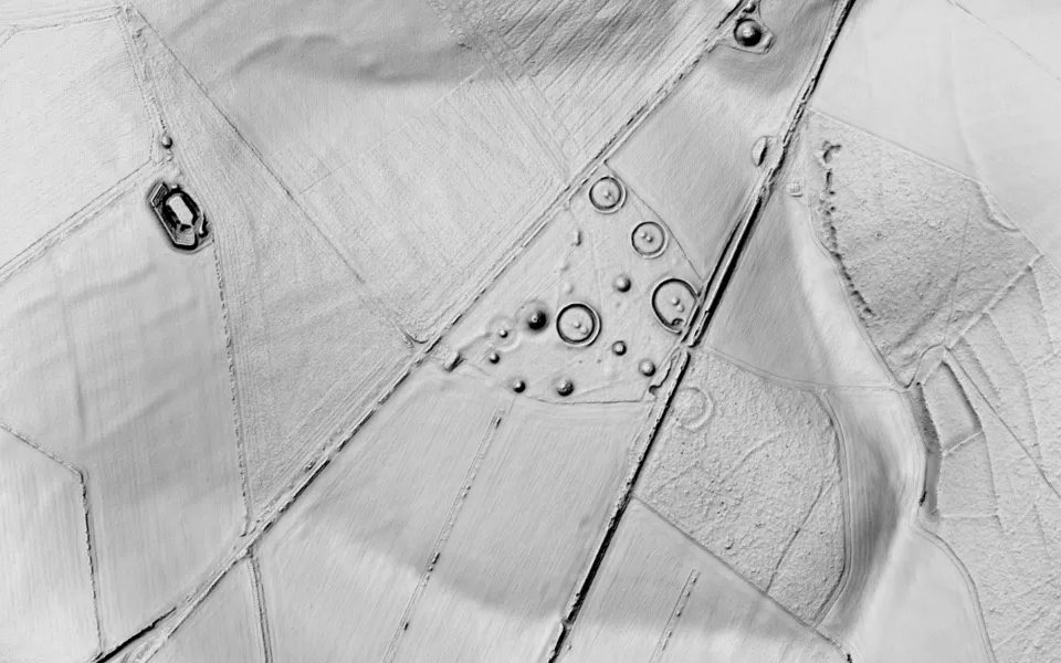 LiDAR terrain shading of Oakley Down in Dorset: rings and round mounds of Bronze Age barrows, with the straight bank of a Roman road clipping the edge of one ring.