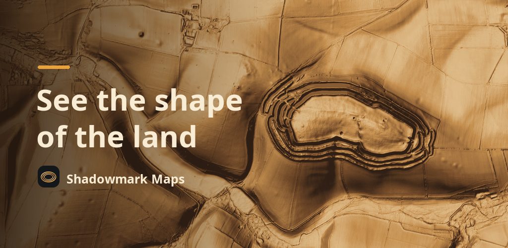 LiDAR terrain shading of Maiden Castle, an Iron Age hillfort in Dorset: its rings of ramparts stand out clearly.