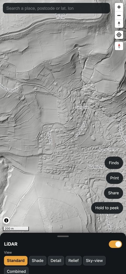 The app showing free national LiDAR shading around Gergovie in France, in the Standard view.