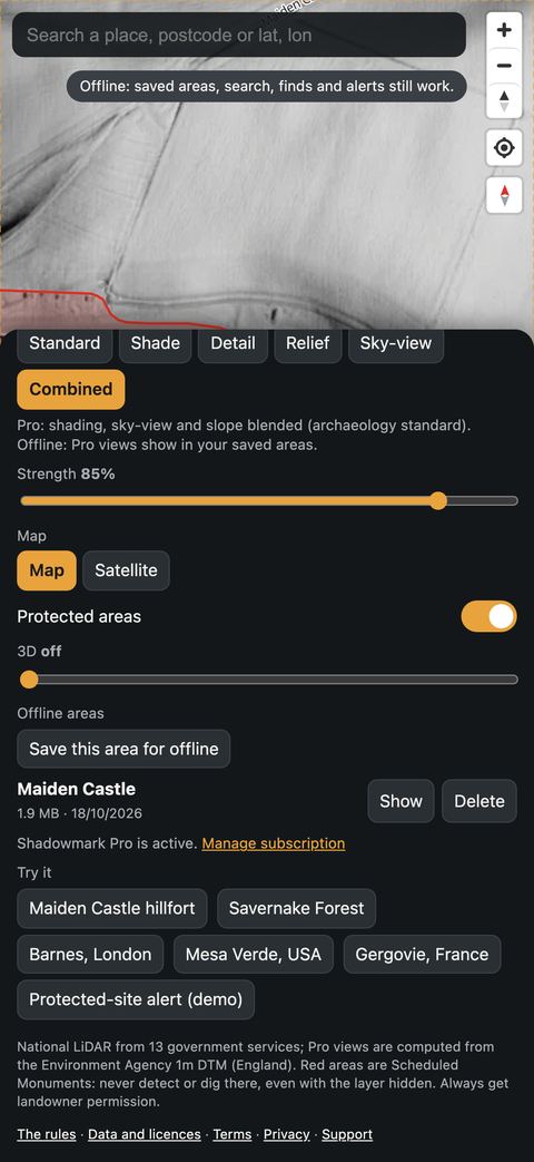 The app offline, with a banner saying saved areas, search, finds and alerts still work, and an area around Maiden Castle saved for offline use.