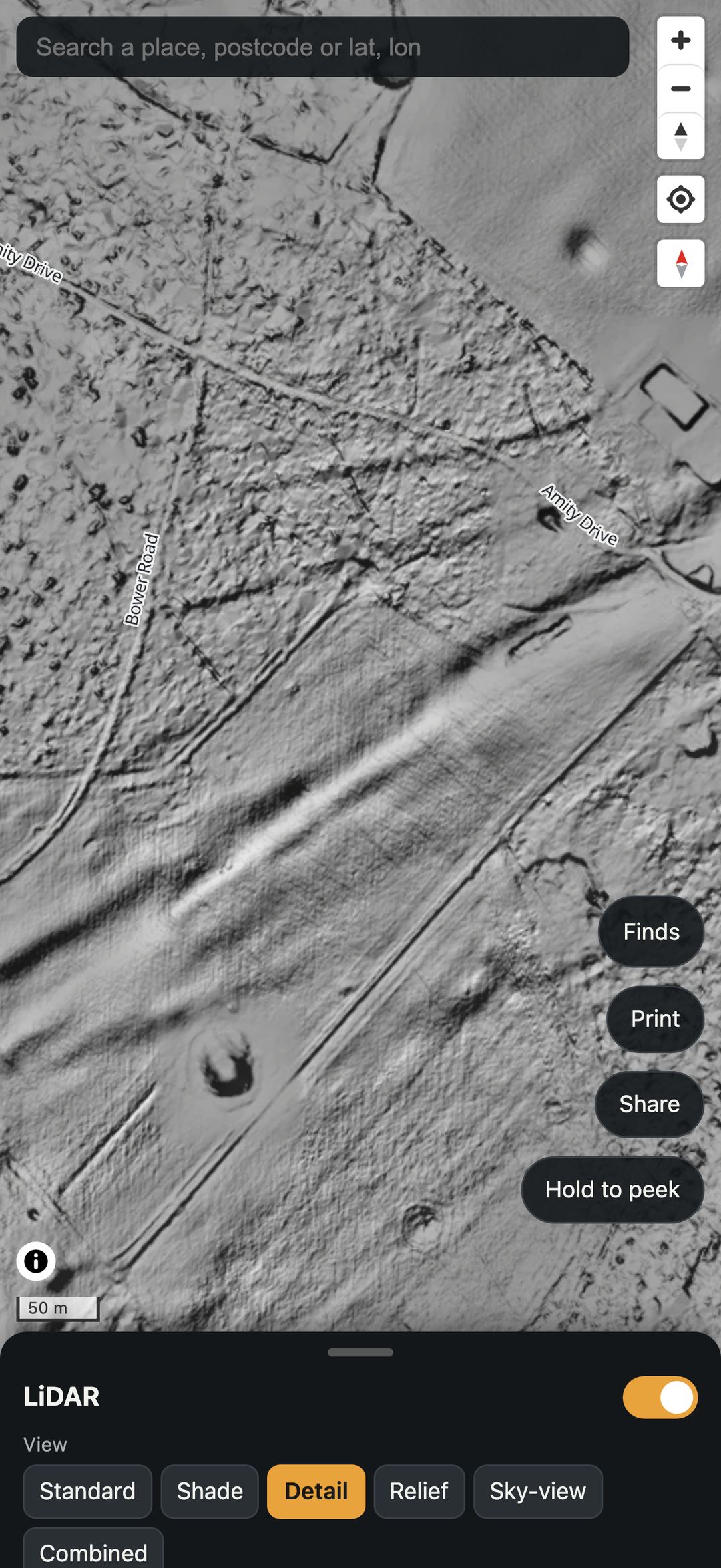 The app showing banks and old tracks under woodland in the Pro Detail view.