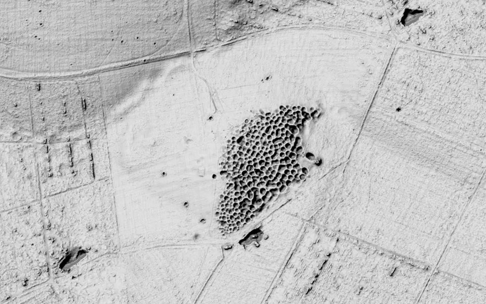 LiDAR terrain view of Grimes Graves, Norfolk, in Shadowmark Pro's Combined view.