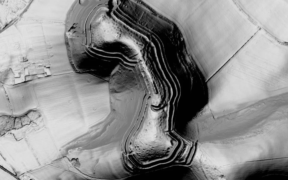 LiDAR terrain view of Hambledon Hill, Dorset, in Shadowmark Pro's Combined view.