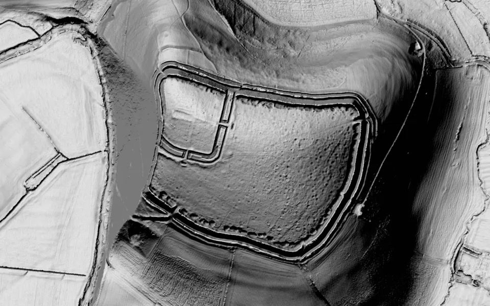LiDAR terrain view of Hod Hill, Dorset, in Shadowmark Pro's Combined view.