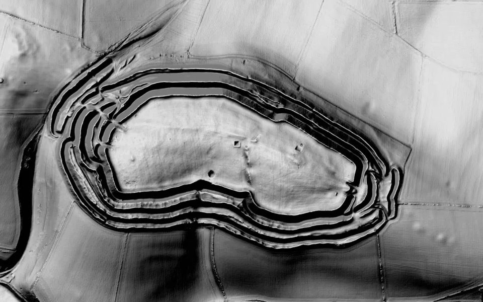 LiDAR terrain view of Maiden Castle, Dorset, in Shadowmark Pro's Combined view.