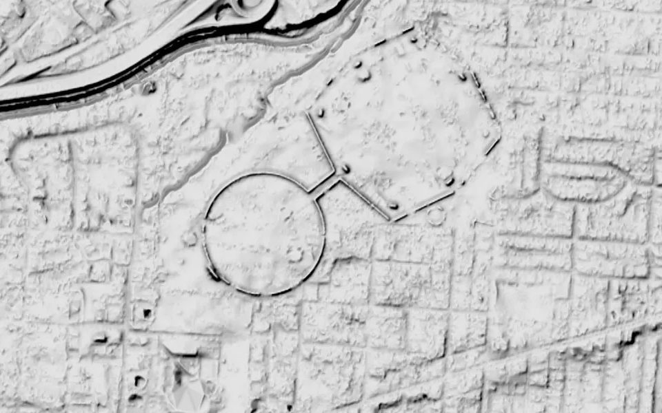 LiDAR terrain view of Newark Earthworks, Ohio, USA, in Shadowmark Pro's Combined view.