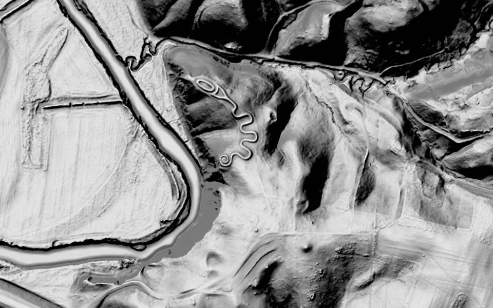 LiDAR terrain view of Serpent Mound, Ohio, USA, in Shadowmark Pro's Combined view.