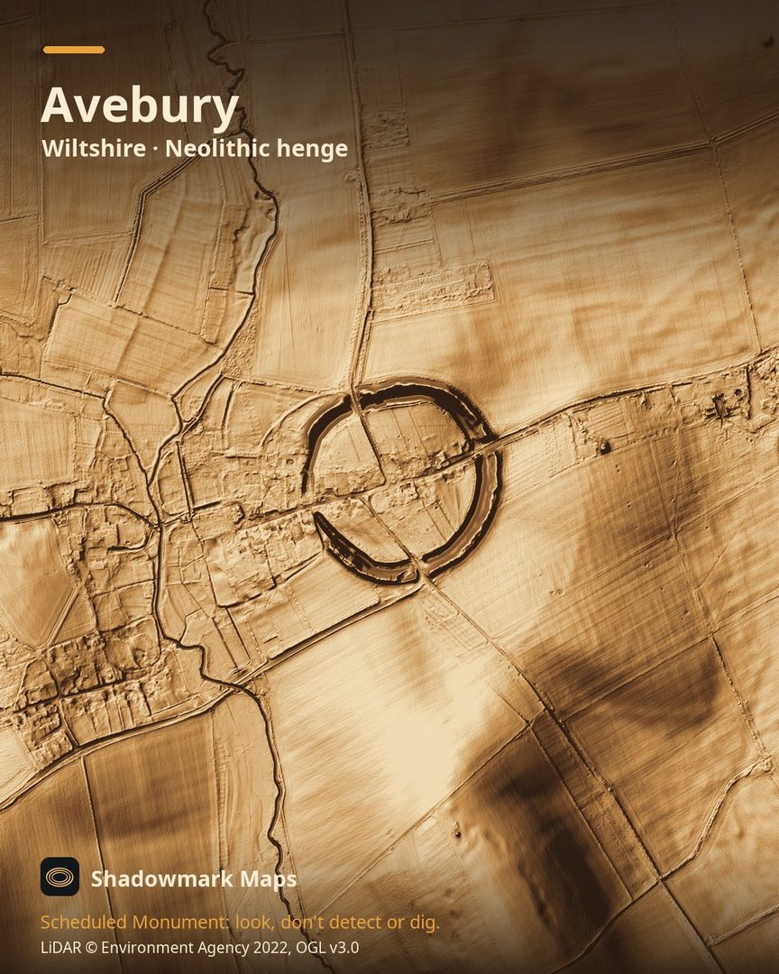 LiDAR terrain shading of Avebury, Wiltshire. Look for the huge ring of bank and inner ditch enclosing part of the village, broken by four entrance gaps roughly at north, south, east and west.