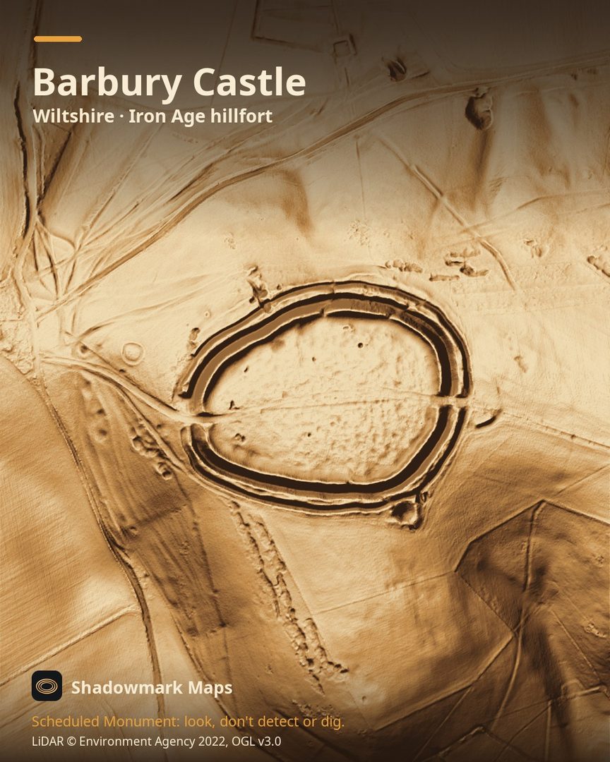 LiDAR terrain shading of Barbury Castle, Wiltshire. Look for a double ring of banks and ditches around an oval of about 4.5ha, with gaps on the east and west sides and a small round mound just outside to the north-west.