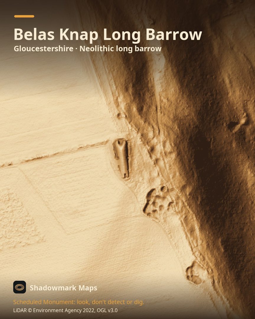 LiDAR terrain shading of Belas Knap Long Barrow, Gloucestershire. Look for a wedge-shaped mound about 70m long running north to south, wider at its north end, with a bowl barrow 80m to the south-west.