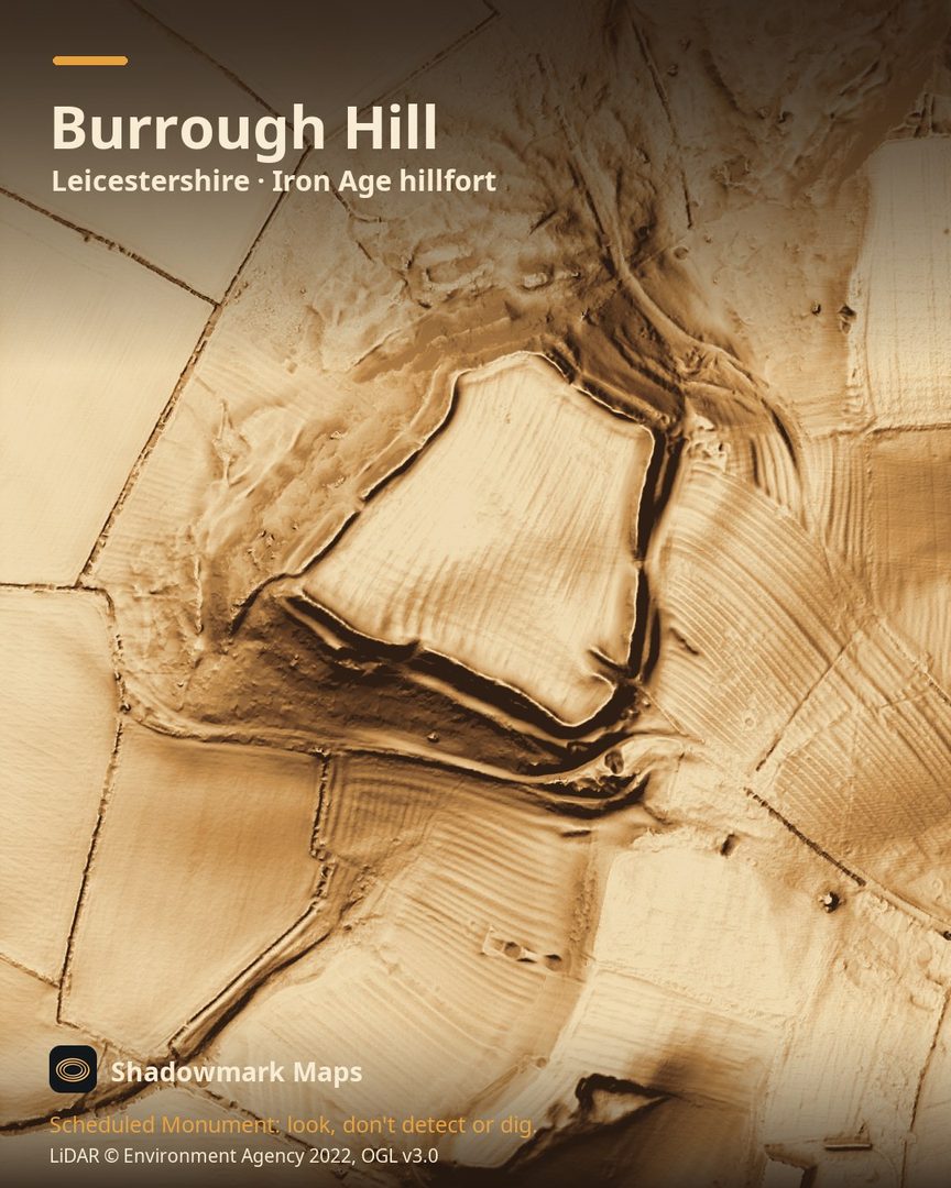 LiDAR terrain shading of Burrough Hill, Leicestershire. Look for a near-complete rampart ring around a level hilltop of about 5ha, with a long inturned entrance on the south-east side.