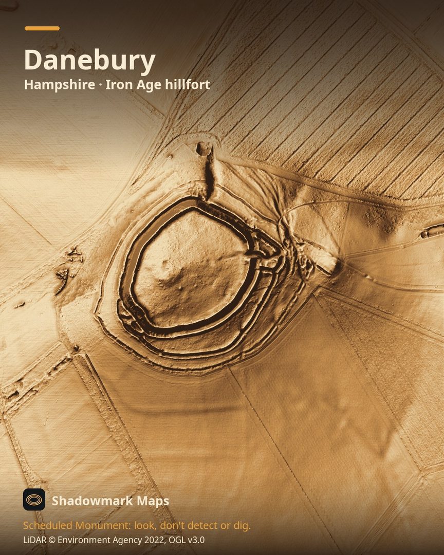LiDAR terrain shading of Danebury, Hampshire. Look for the ring of ramparts with the entrance earthworks, the rise to the centre of the interior, and faint dips across it.