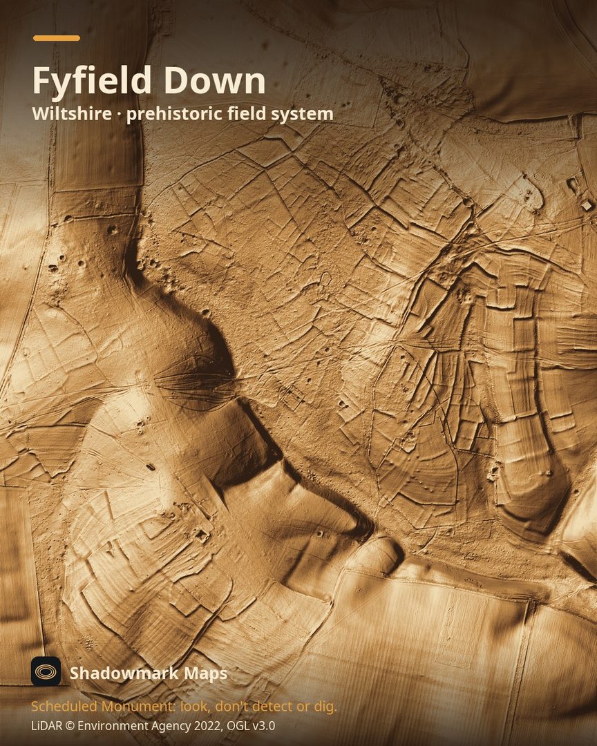 LiDAR terrain shading of Fyfield Down, Wiltshire. Look for a grid of rectilinear fields outlined by lynchet banks up to 3m high, crossed by the ruts and sunken tracks of Green Street, and barrows including a disc barrow beside the Ridgeway.