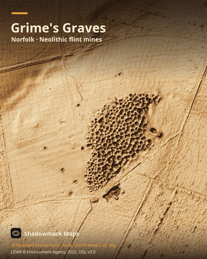 LiDAR terrain shading of Grime's Graves, Norfolk. Look for a dense field of hollows and humps, the visible remains of 433 mines and pits.