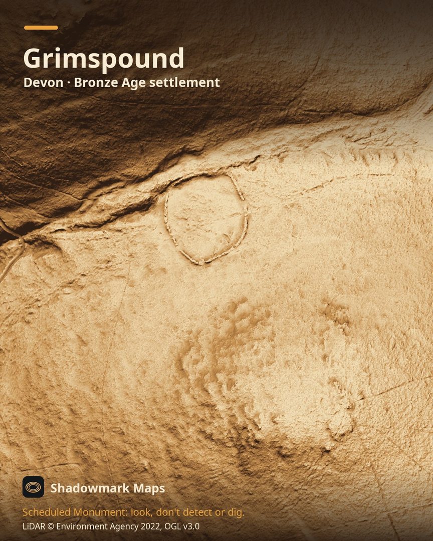 LiDAR terrain shading of Grimspound, Devon. Look for an oval walled enclosure of about 1.45ha in the saddle between two tors, with small round hut circles inside and a gap in its south-east side.