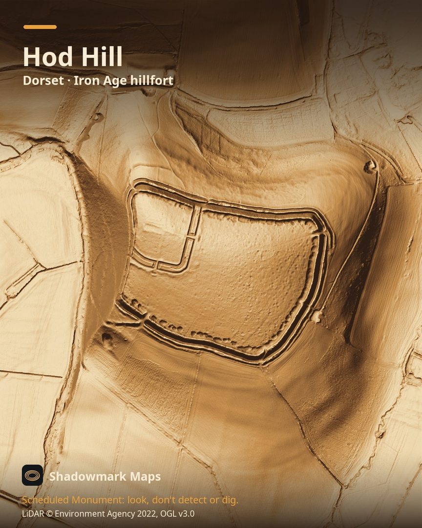 LiDAR terrain shading of Hod Hill, Dorset. Look for the ramparts with their five entrance gaps, earthworks from both the Iron Age and Roman periods, and the circular hollows and ridges across the interior.