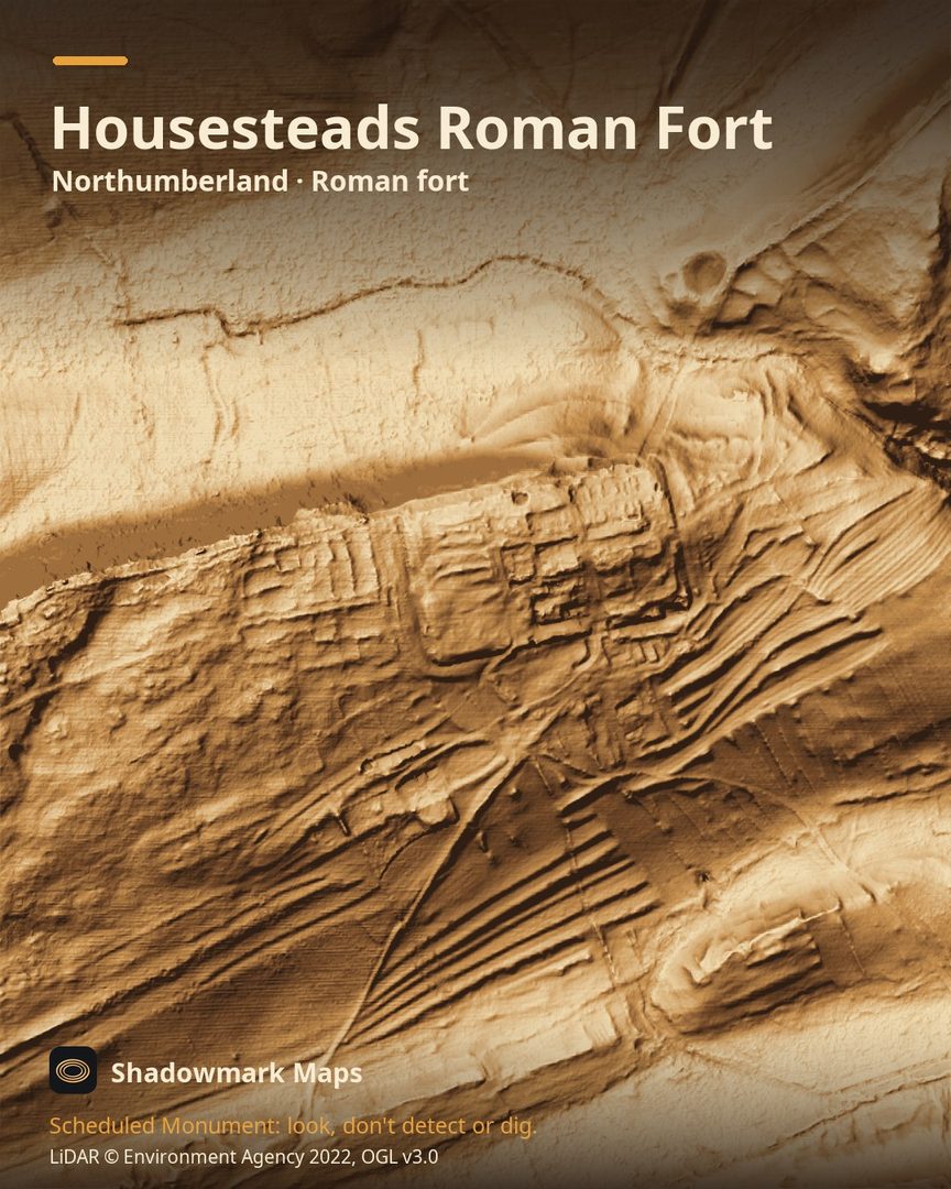 LiDAR terrain shading of Housesteads Roman Fort, Northumberland. Look for the outline of the fort lying east to west, the Wall and the vallum with the low bank of the Military Way between them, and terraces along the contours to the south and west.