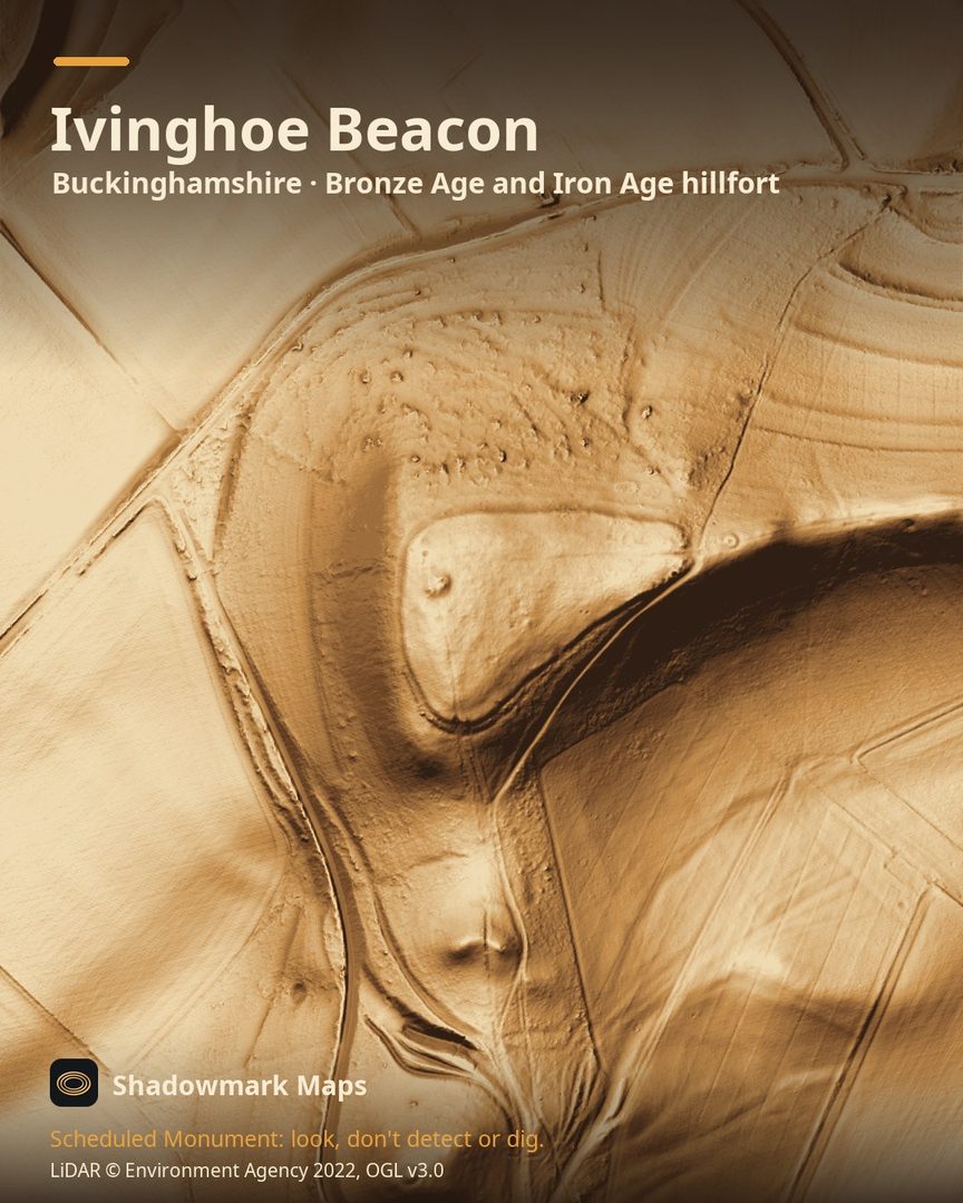LiDAR terrain shading of Ivinghoe Beacon, Buckinghamshire. Look for a triangular hilltop enclosure of about 2.2ha edged by a low scarp, with a round flat-topped mound in its north-west quarter.