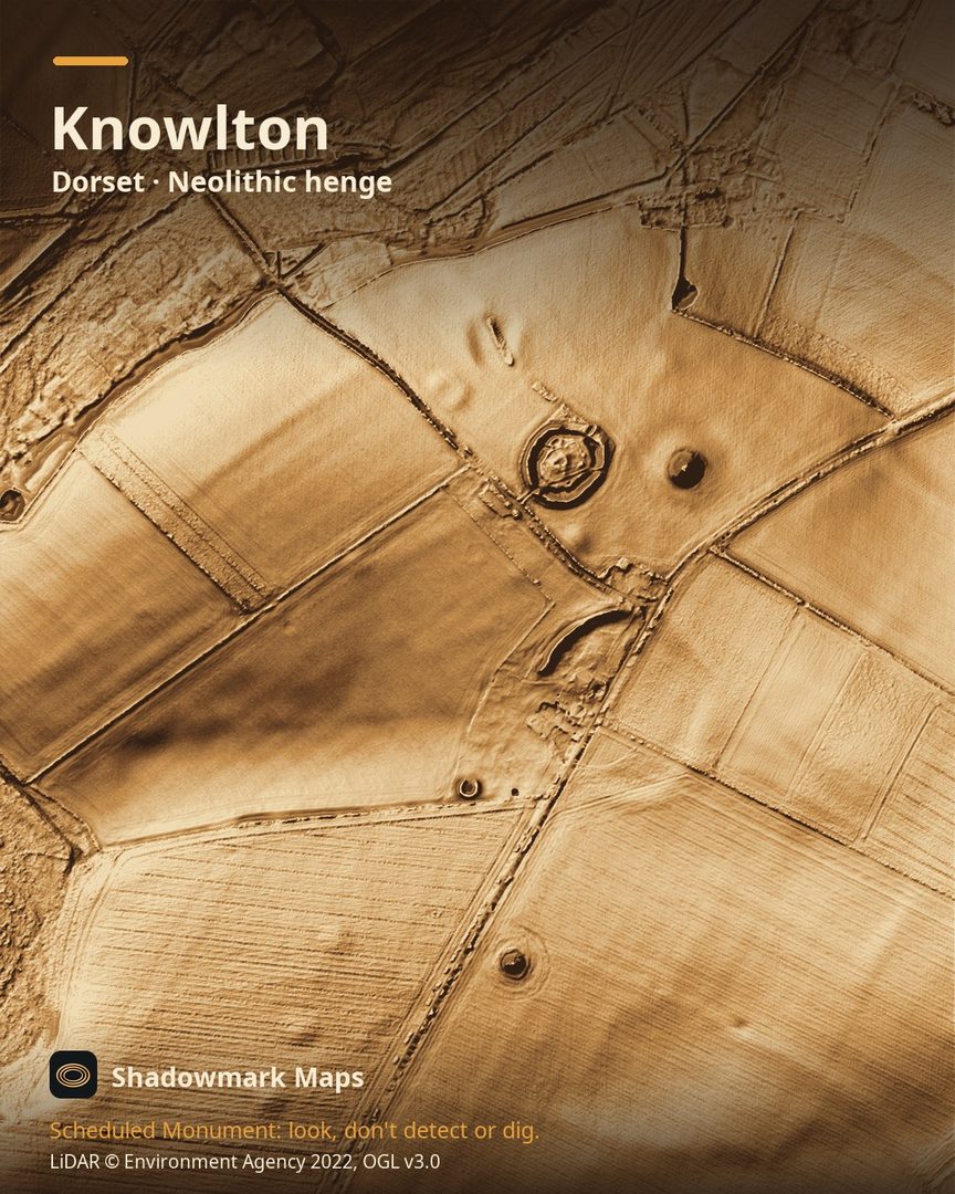 LiDAR terrain shading of Knowlton, Dorset. Look for an oval bank-and-ditch ring about 106m by 94m around the church, a large round mound to its north-east, and traces of the much larger southern henge, which is crossed by a road and partly built over.