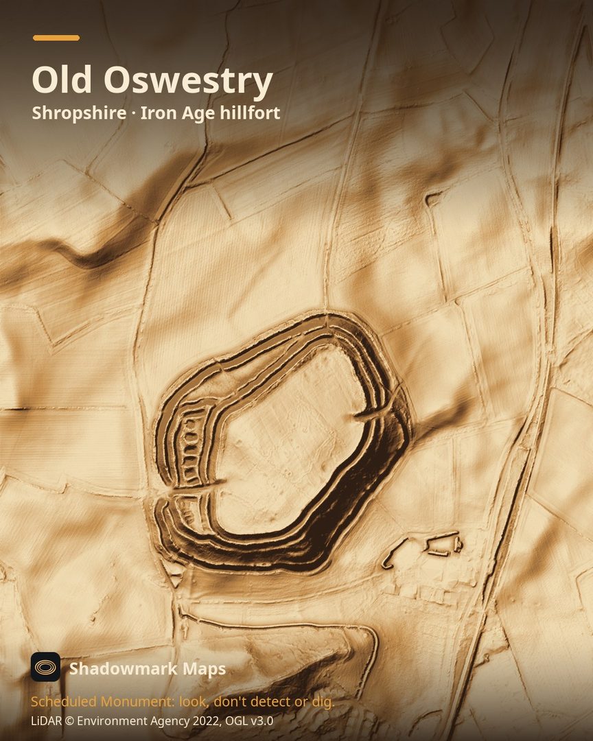 LiDAR terrain shading of Old Oswestry, Shropshire. Look for a diamond-shaped hilltop wrapped in five banks and ditches, with entrances on the east and west and a group of rectangular hollows by the western gate.