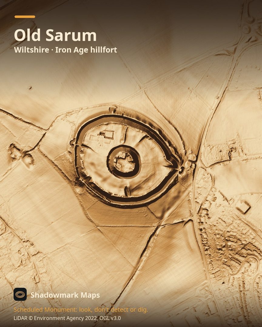 LiDAR terrain shading of Old Sarum, Wiltshire. Look for the oval line of inner bank, deep ditch and outer bank, and the big round castle mound and ditch at the centre.