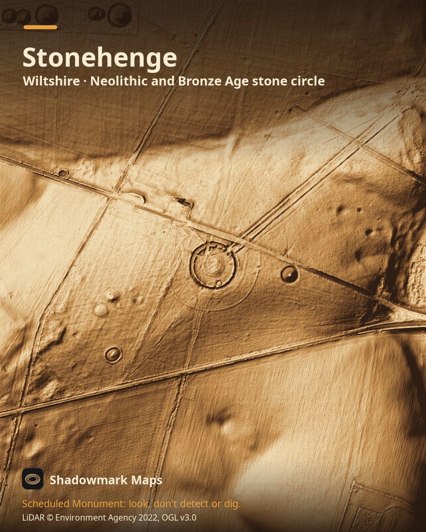 LiDAR terrain shading of Stonehenge, Wiltshire. Look for the low circular bank and ditch around the stones with its entrance gaps, and the faint parallel banks of the Avenue leading away from it.