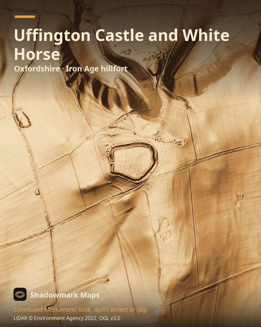 LiDAR terrain shading of Uffington Castle and White Horse, Oxfordshire. Look for the single ring of bank and ditch with its outer counterscarp bank, the one entrance on the west side, and the outline of the chalk-cut horse on the slope to the north-north-east.