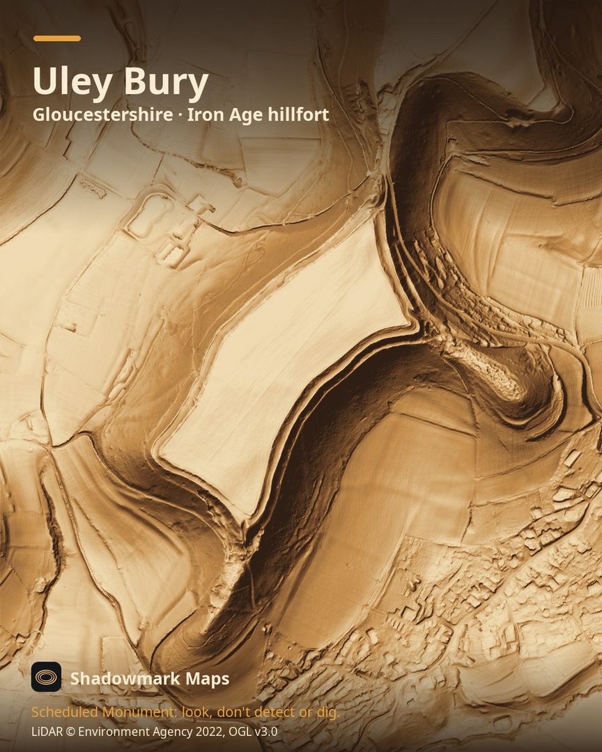 LiDAR terrain shading of Uley Bury, Gloucestershire. Look for a large rectangular hilltop of about 23ha outlined by double terraces and steep scarps, with its main gap on the north side.