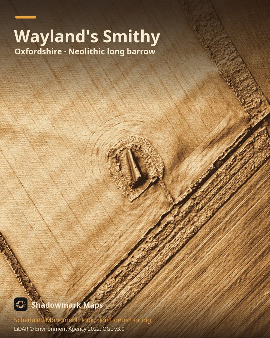 LiDAR terrain shading of Wayland's Smithy, Oxfordshire. Look for a long, narrow mound about 56m long lying just north of the line of the Ridgeway.