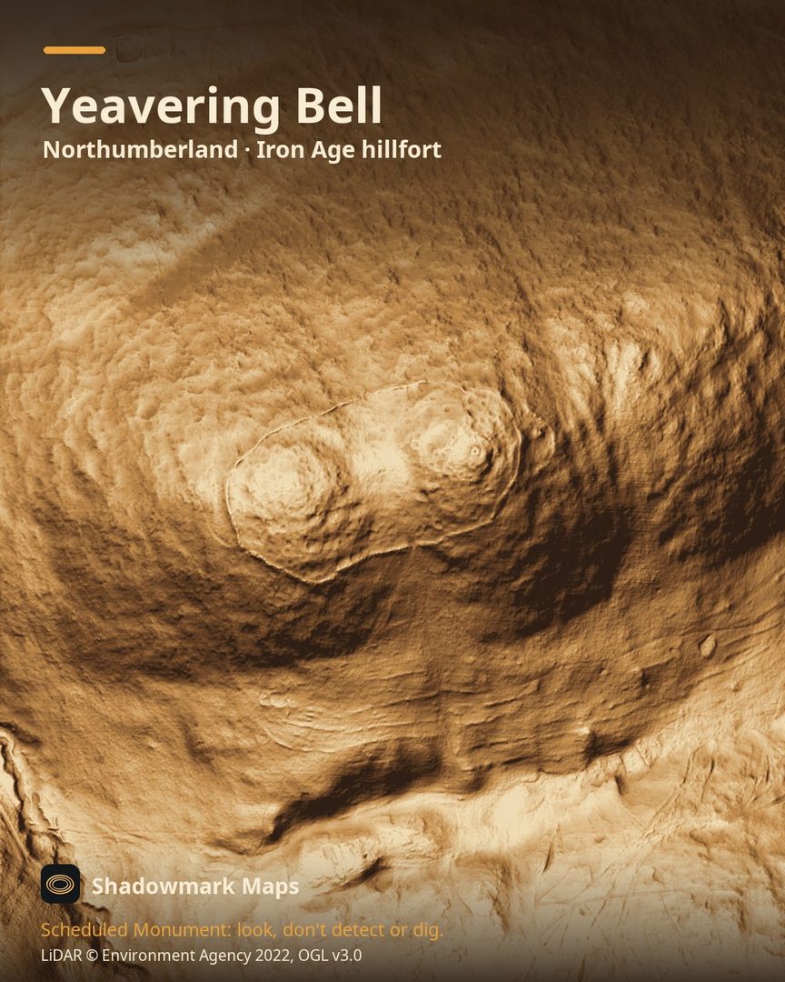 LiDAR terrain shading of Yeavering Bell, Northumberland. Look for a broad oval ring of tumbled stone about 900m round the twin summits, crescent banks beyond its east and west ends, and many small hut platforms inside.